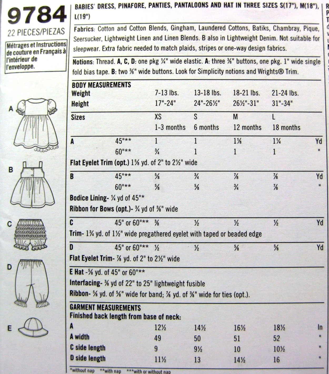 الگوی خیاطی سادگی 9784 A لباس نوزاد، پیش بند، شورت، شلوار و کلاه در سه سایز