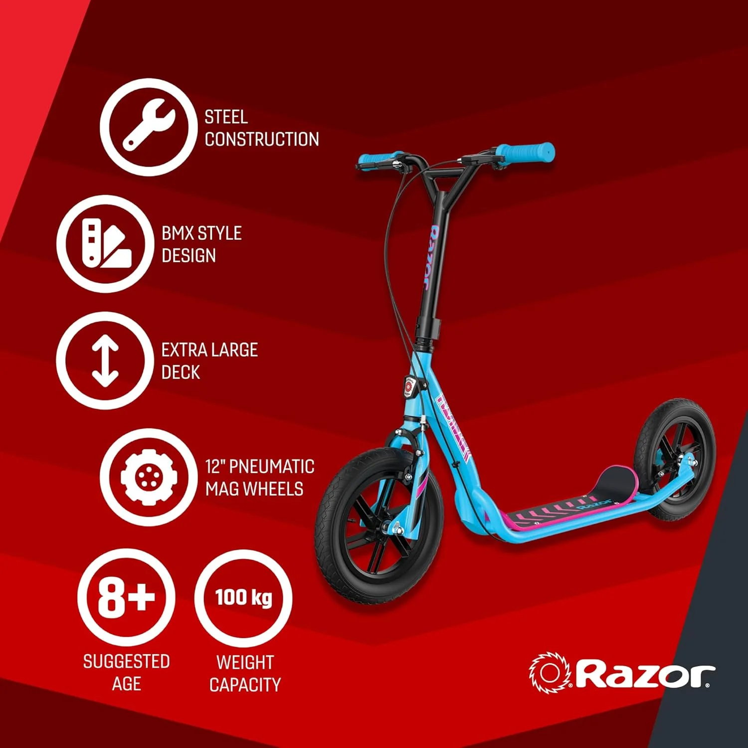 اسکوتر ضربه ای Razor Flashback - چرخ های مگ 12 اینچی با لاستیک های پر از هوا، ترمزهای دستی دوگانه، اسکوتر سبک BMX برای کودکان و نوجوانان