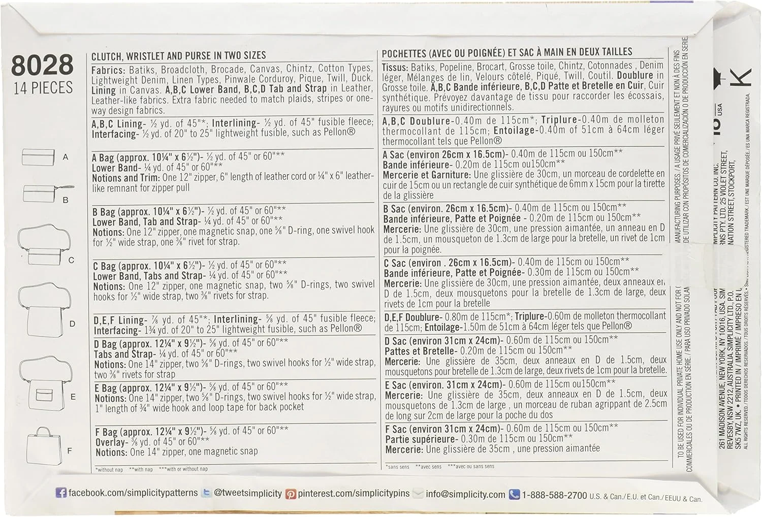 الگوی خیاطی سادگی 8028OS کیف کلاچ، مچی و کیف پول در دو سایز، کاغذی، سفید، OS (تک سایز)