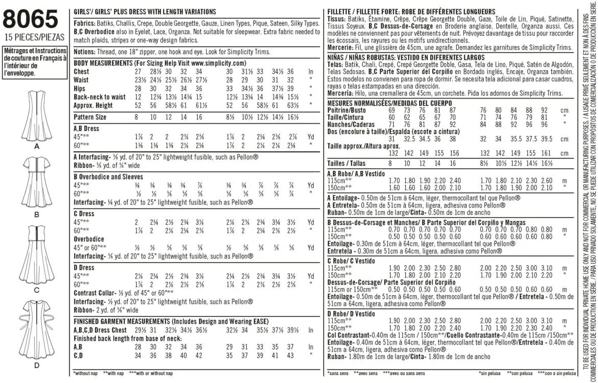 الگوی خیاطی سادگی 8065BB لباس دخترانه پلاس پول‌اُور، کاغذی، سفید، BB (8 1/2-16 1/2)