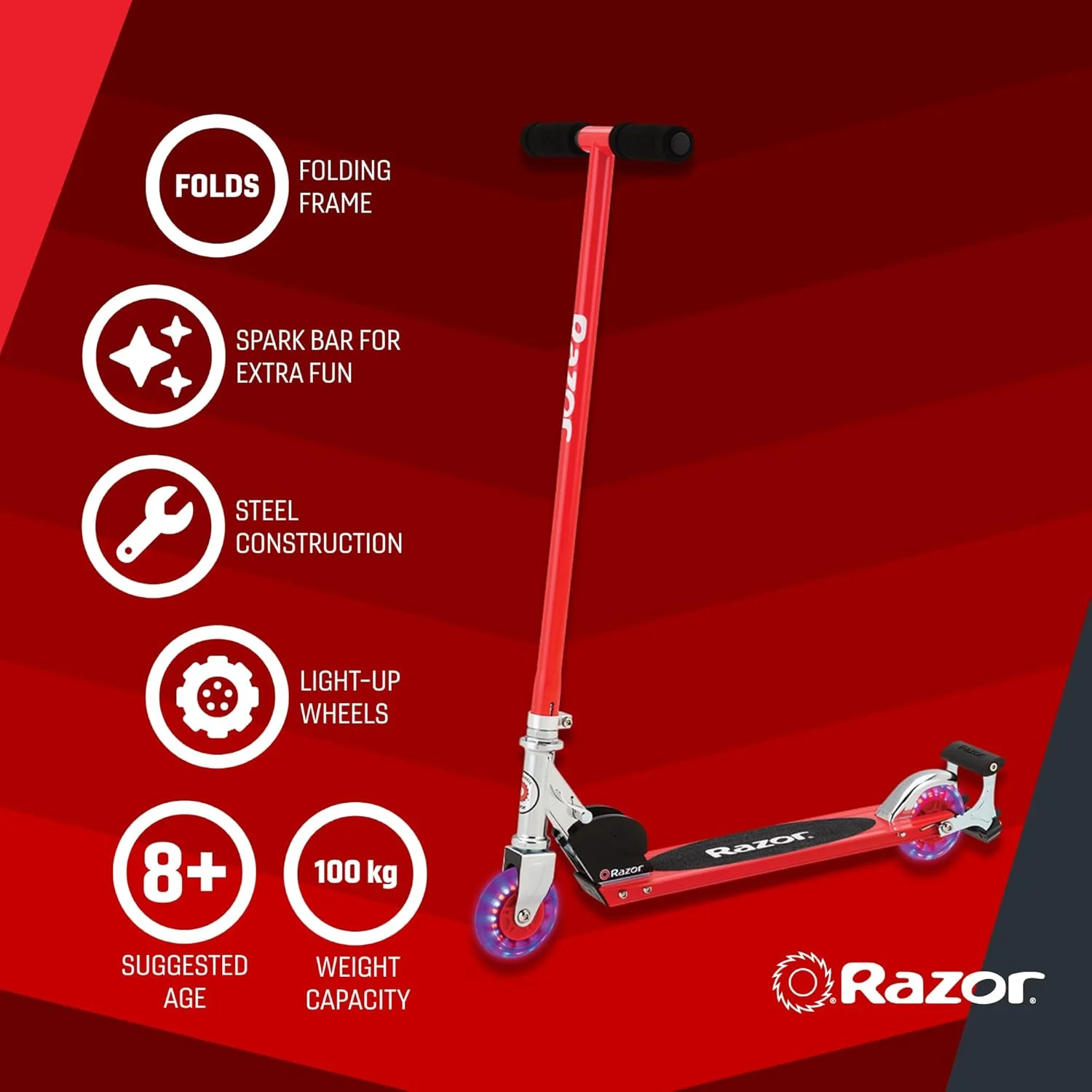 اسکوتر کیک اسپارک Razor S برای سنین 8 سال به بالا، تاشو، تحمل وزن تا 100 کیلوگرم
