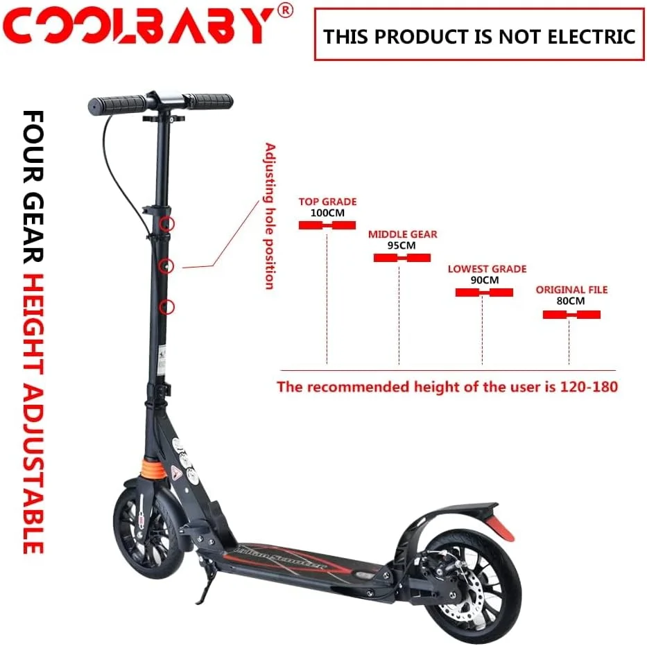 اسکوتر تاشو بزرگسال COOLBABY با چرخ های بزرگ 200 میلی متری، ترمز دیسکی، سیستم جذب شوک دوبل، تحمل وزن تا 150 کیلوگرم