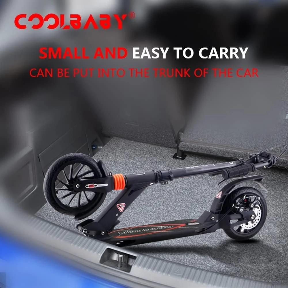 اسکوتر تاشو بزرگسال COOLBABY با چرخ های بزرگ 200 میلی متری، ترمز دیسکی، سیستم جذب شوک دوبل، تحمل وزن تا 150 کیلوگرم