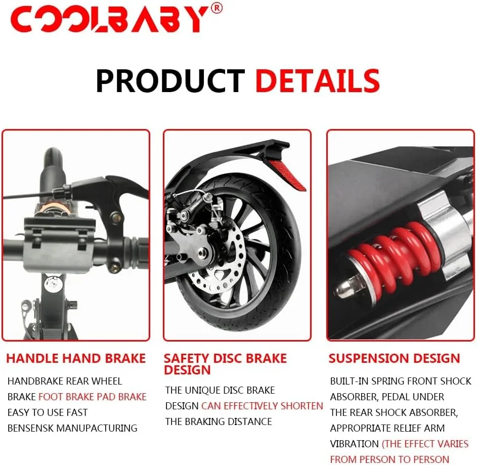 اسکوتر تاشو بزرگسال COOLBABY با چرخ های بزرگ 200 میلی متری، ترمز دیسکی، سیستم جذب شوک دوبل، تحمل وزن تا 150 کیلوگرم
