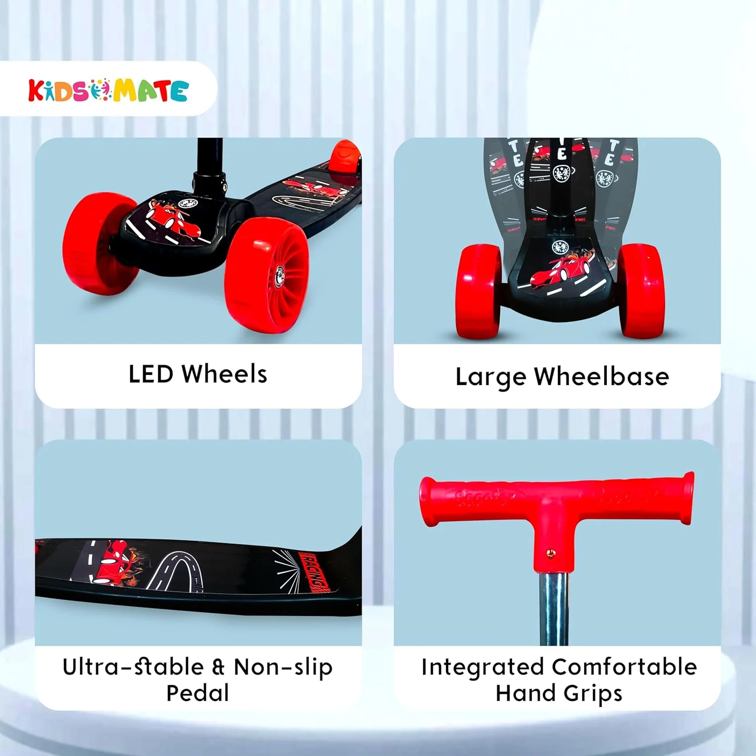 اسکوتر ضربه ای سریع Kidsmate برای کودکان (دارای گواهینامه ISI) با چراغ های چرخ LED، فرمان با قابلیت تنظیم ارتفاع و طراحی تاشو و ترمز عقب برای کودکان بالای 3 سال (حداکثر وزن کاربر تا 40 کیلوگرم)