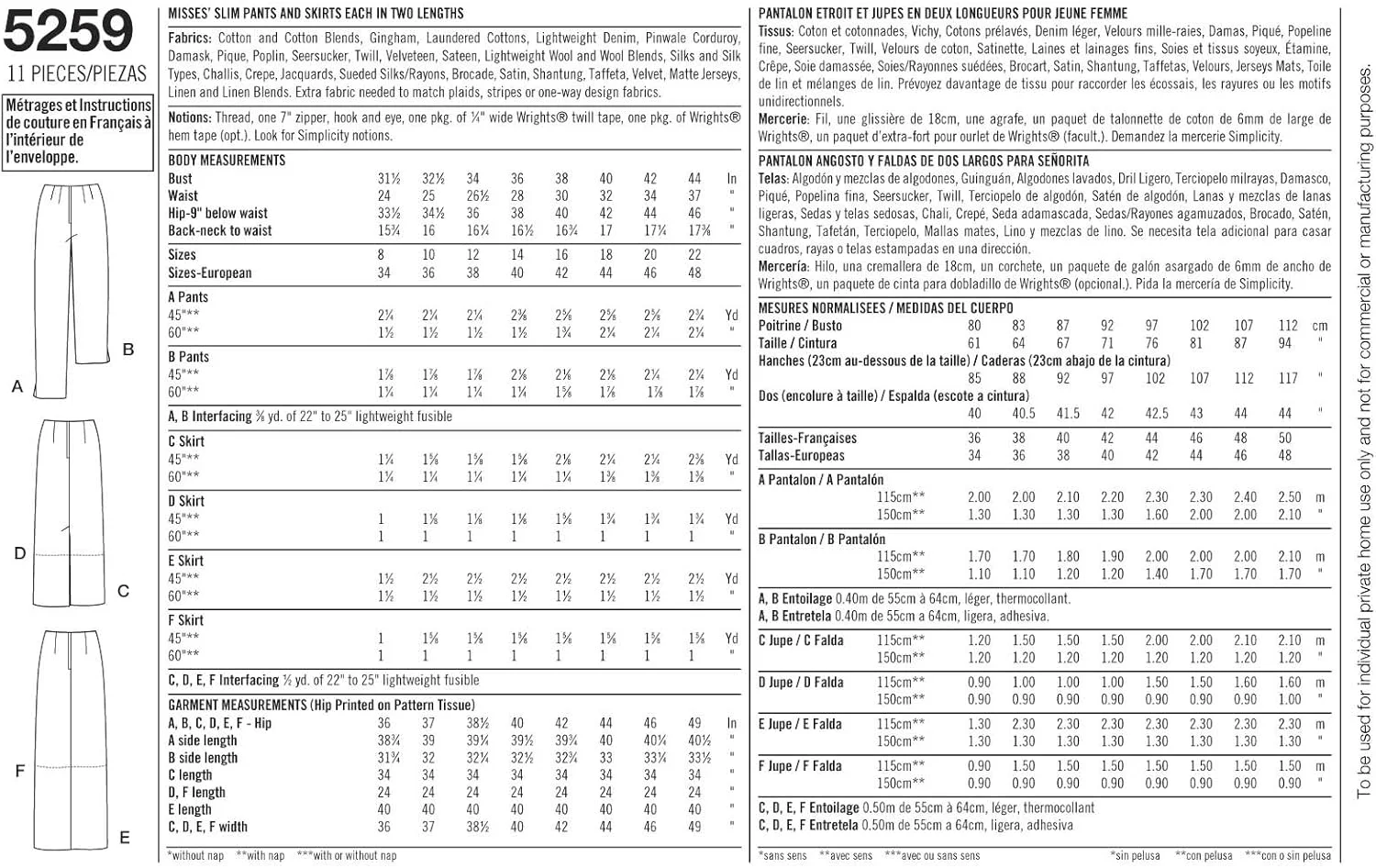 الگوی خیاطی سادگی 5259 KK شلوار و دامن زنانه