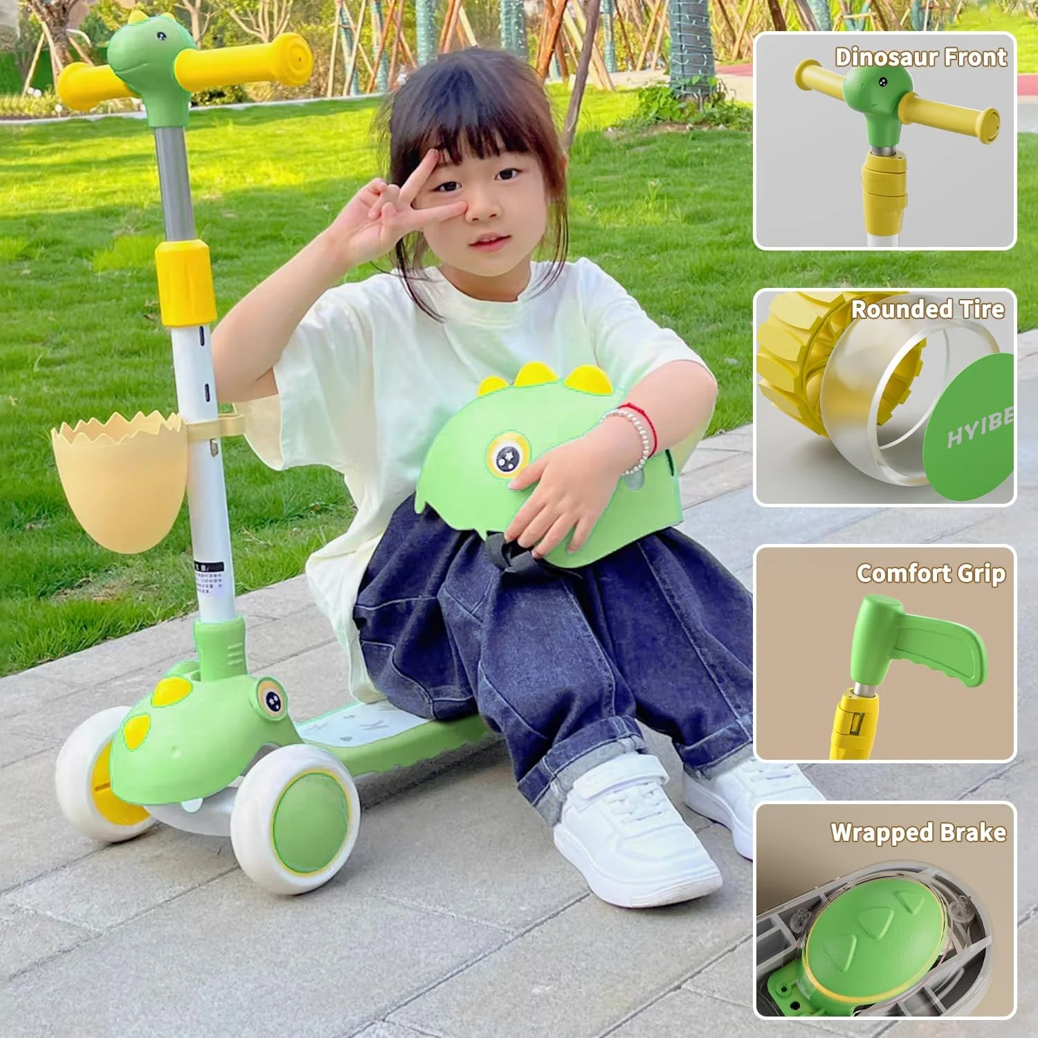 اسکوتر کودک 5 در 1 چند مرحله ای با نرده ایمنی و میله هل دهنده - تاشو با قابلیت تنظیم ارتفاع در 4 حالت، تبدیل به اسکوتر تعادلی، صندلی جداشدنی + کلاه ایمنی دایناسور رایگان برای سنین 1 تا 5 سال