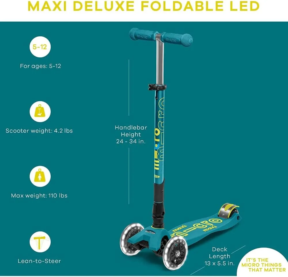 میکرو کیک بورد - Maxi Deluxe تاشو LED - سه چرخ، فرمان متمایل، اسکوتر میکرو سوئیسی تاشو برای کودکان با چرخ‌های روشن شونده فعال با حرکت برای سنین 5-12 سال