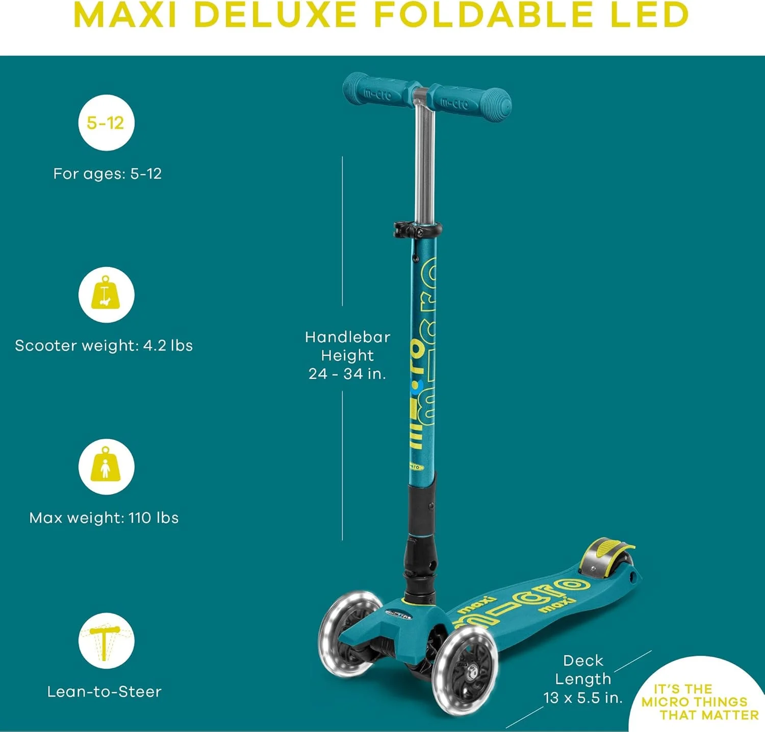 میکرو کیک بورد - Maxi Deluxe تاشو LED - سه چرخ، فرمان متمایل، اسکوتر میکرو سوئیسی تاشو برای کودکان با چرخ‌های روشن شونده فعال با حرکت برای سنین 5-12 سال