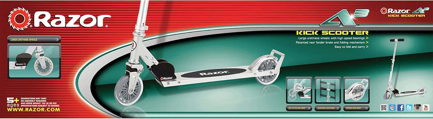 اسکوتر رکابی Razor A3 برای کودکان - چرخ‌های بزرگتر، سیستم تعلیق جلو، میله ویلی، سبک وزن، تاشو و دسته قابل تنظیم