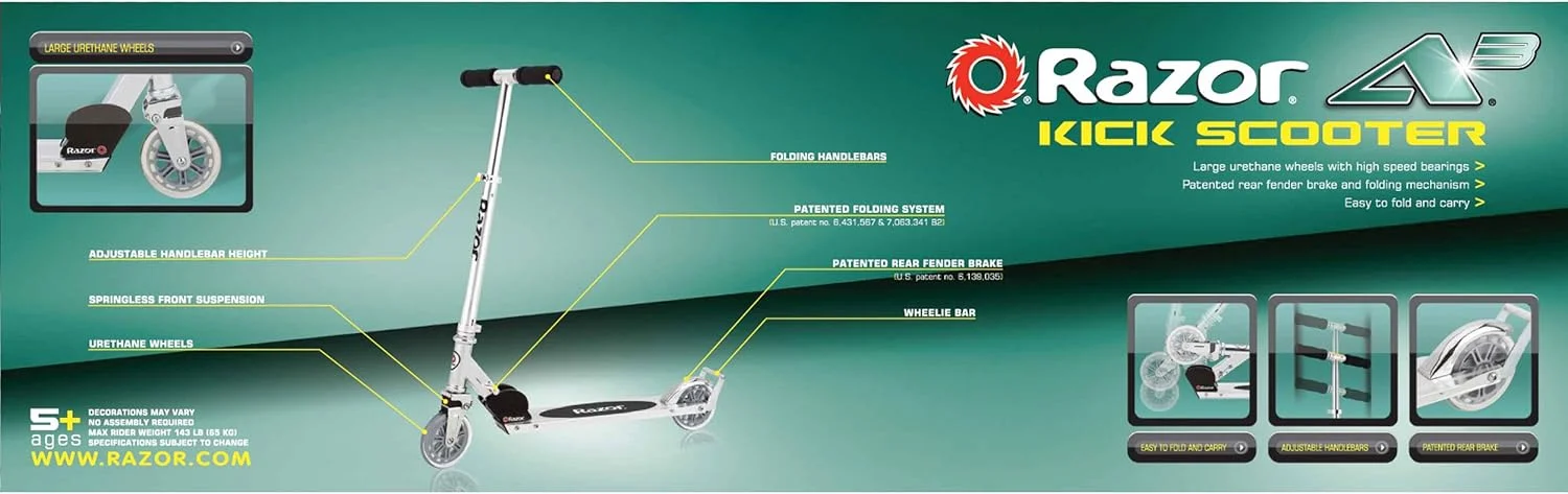 اسکوتر رکابی Razor A3 برای کودکان - چرخ‌های بزرگتر، سیستم تعلیق جلو، میله ویلی، سبک وزن، تاشو و دسته قابل تنظیم