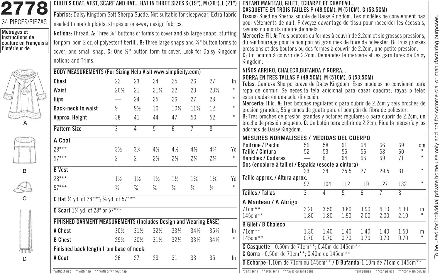 الگوی خیاطی سادگی 2778 کت و ژاکت بچگانه، A (3