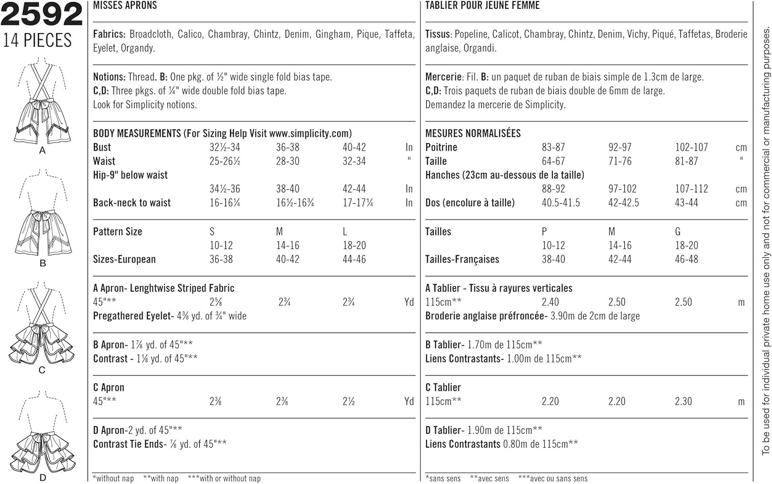 الگوی خیاطی سادگی 2592 پیش بند، سایزهای S-M-L