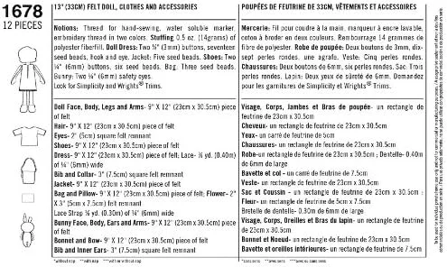 الگوی خیاطی سادگی 1678: عروسک نمدی 13 اینچی، لباس و لوازم جانبی، سایز OS
