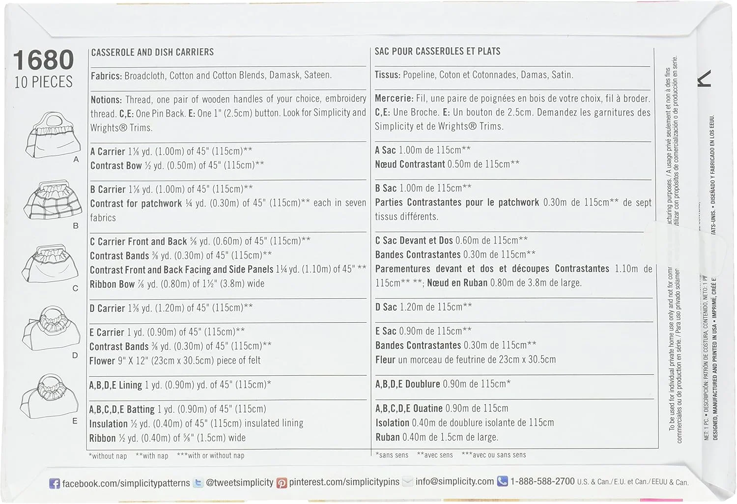 الگوی خیاطی سادگی 1680: حمل کننده های ظروف و قابلمه، سایز OS، کاغذی، سفید، یک عدد