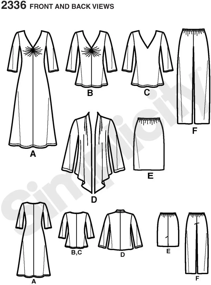 الگوی خیاطی سادگی 2336 برای بانوان: شلوار، ژاکت، پیراهن بافتنی و تاپ بافتنی، سایز 20W-28W
