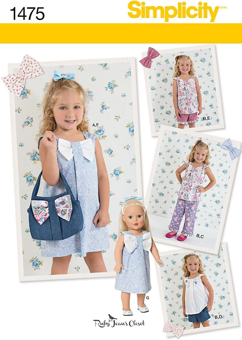 الگوی خیاطی سادگی 1475: لباس، شلوار و شورت بچگانه با لباس عروسک 18 اینچی ست، سایز A، چند رنگ