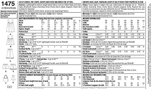 الگوی خیاطی سادگی 1475: لباس، شلوار و شورت بچگانه با لباس عروسک 18 اینچی ست، سایز A، چند رنگ