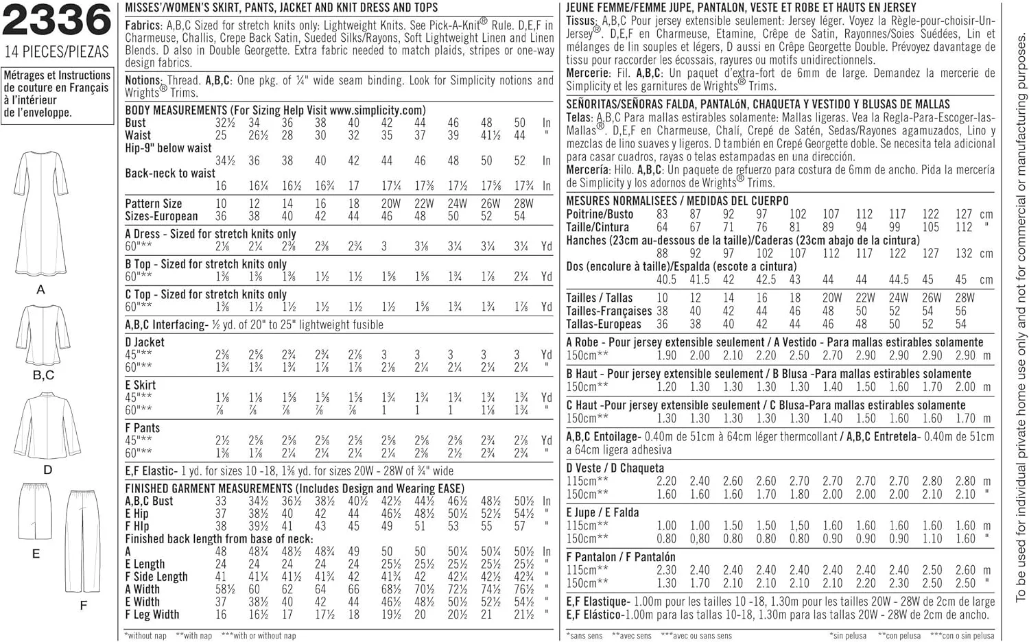 الگوی خیاطی سادگی 2336 برای بانوان: شلوار، ژاکت، پیراهن بافتنی و تاپ بافتنی، سایز 20W-28W