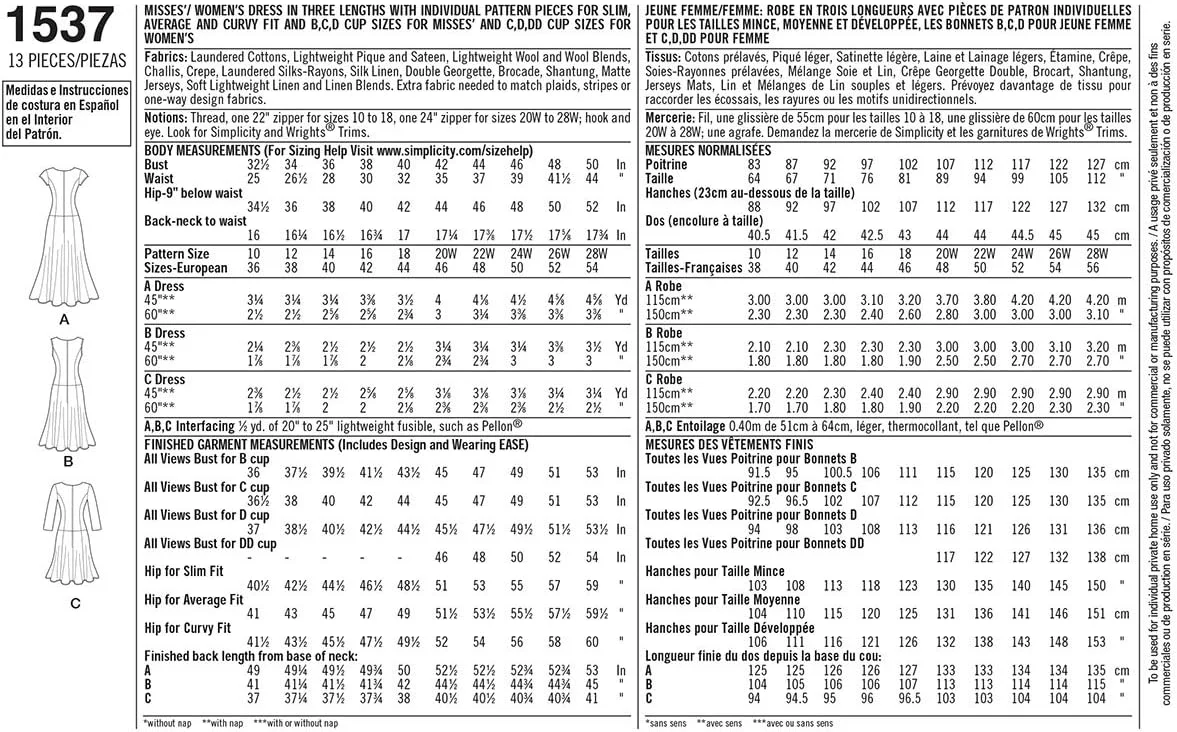 الگوی خیاطی سادگی 1537: لباس زنانه و سایز بزرگ با تناسب شگفت انگیز، سایز، کاغذی، سفید، AA (10-12-14-16-18)