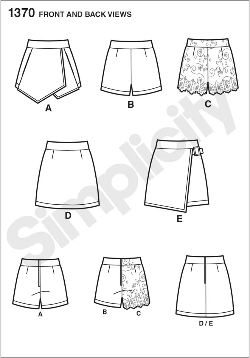 الگوی خیاطی سادگی 1370: شورت، شلوار دامن و دامن زنانه، سایز، کاغذی، سفید، P5 (12-14-16-18-20)