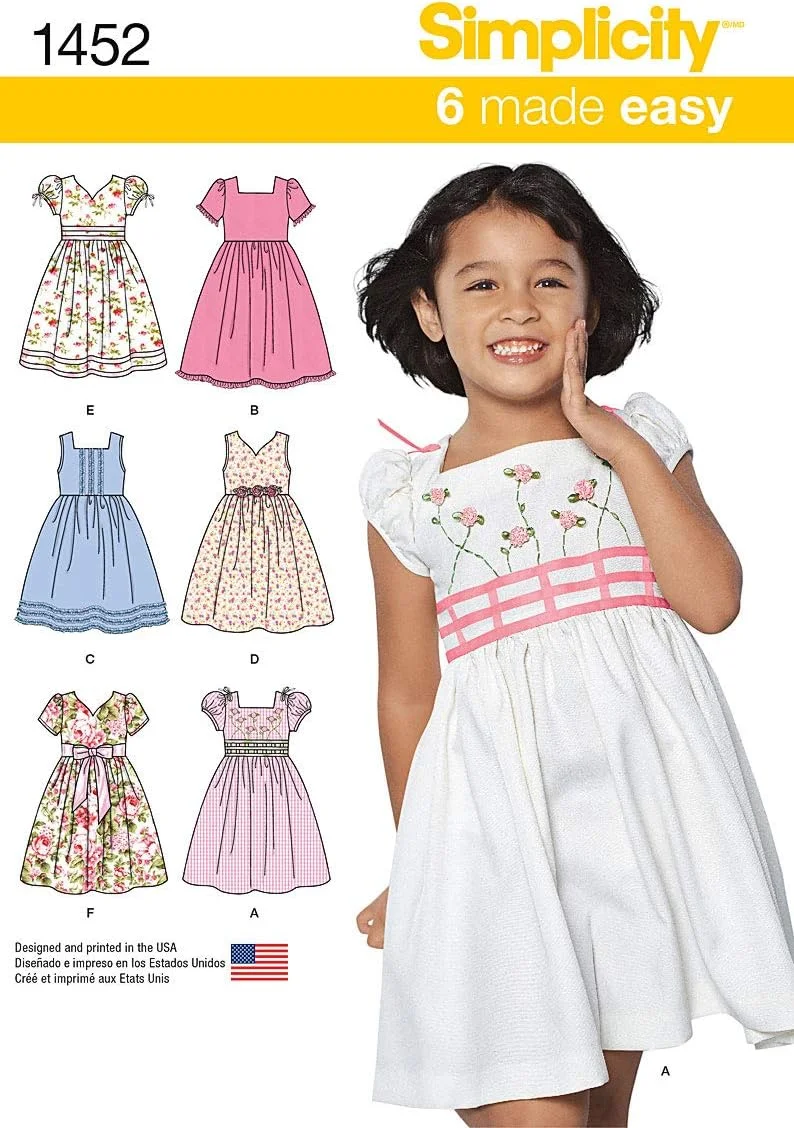 الگوی خیاطی سادگی 1452: لباس بچگانه با مدل های مختلف بالاتنه و آستین، سایز A، کاغذی، سفید، A (3-4-5-6-7-8)