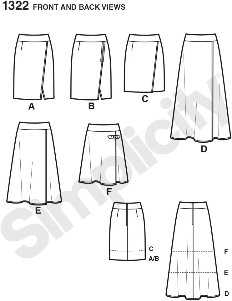 الگوی خیاطی سادگی 1322: دامن های باریک و کلوش زنانه مدل ضربدری، سایز K5، (8-10-12-14-16)