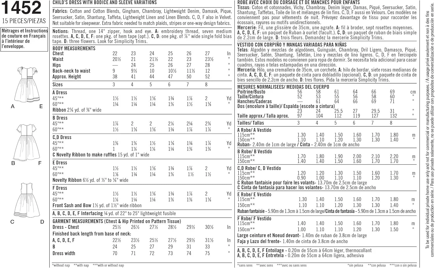 الگوی خیاطی سادگی 1452: لباس بچگانه با مدل های مختلف بالاتنه و آستین، سایز A، کاغذی، سفید، A (3-4-5-6-7-8)