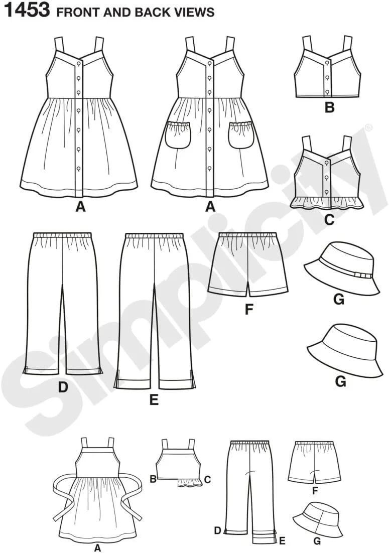 الگوی خیاطی سادگی 1453: لباس کودک، تاپ، شلوار یا شورت و کلاه، سایز A، کاغذی، سفید، A (3-4-5-6-7-8)