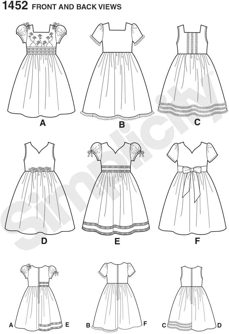 الگوی خیاطی سادگی 1452: لباس بچگانه با مدل های مختلف بالاتنه و آستین، سایز A، کاغذی، سفید، A (3-4-5-6-7-8)