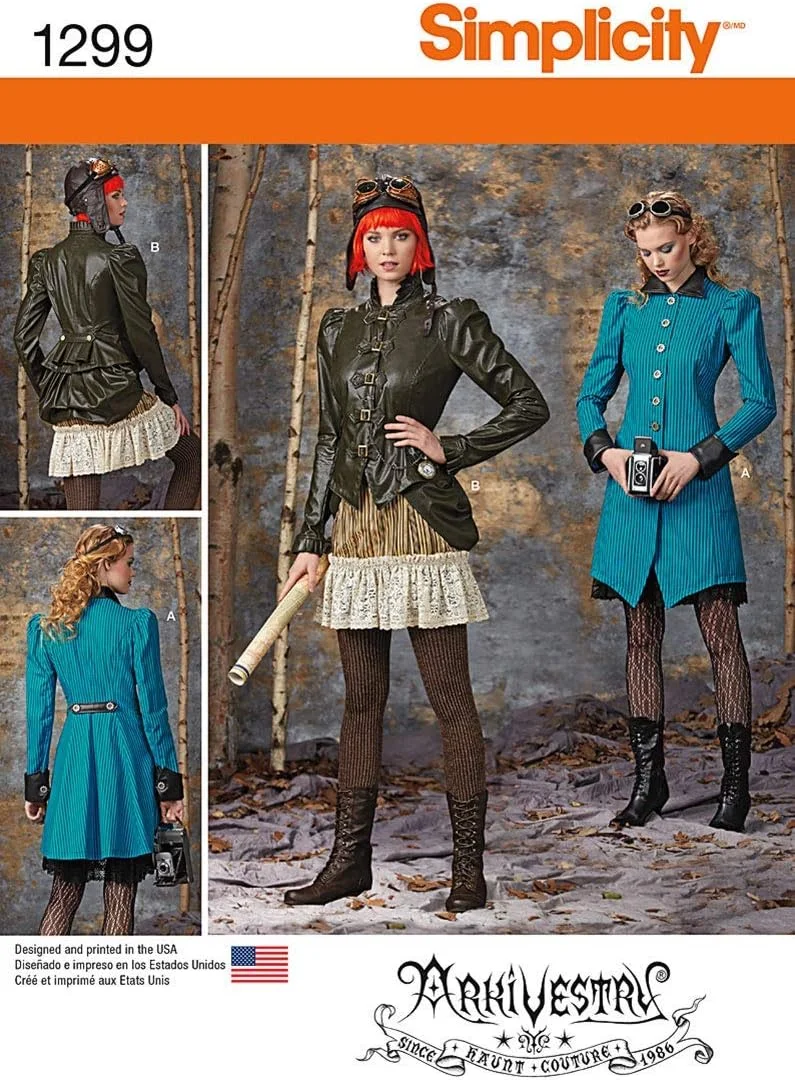 الگوی خیاطی سادگی 1299: کت، ژاکت، باسن‌بند و دامن‌های چین‌دار زنانه، سایز HH (6-8-10-12)