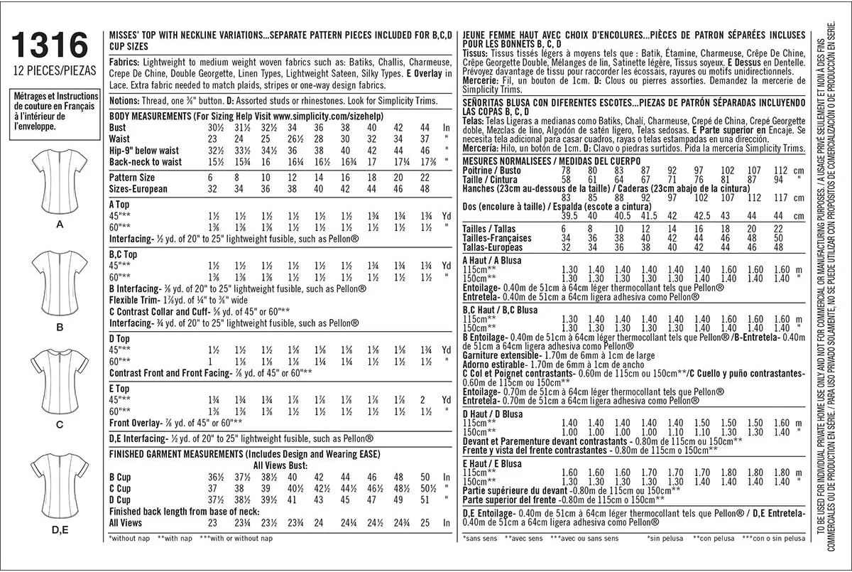 الگوی خیاطی سادگی 1316: تاپ زنانه با مدل های مختلف یقه، سایز H5، کاغذی، سفید، (6-8-10-12-14)