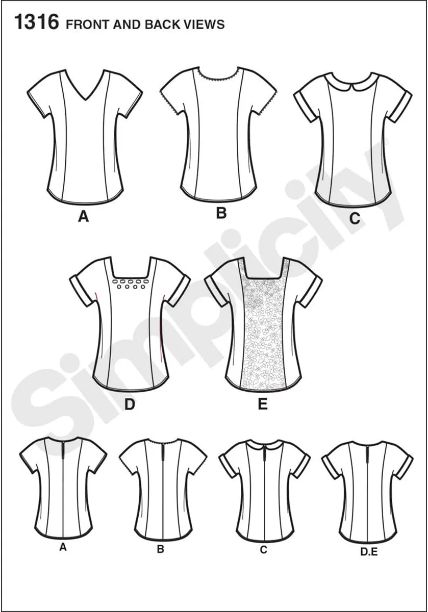 الگوی خیاطی سادگی 1316: تاپ زنانه با مدل های مختلف یقه، سایز H5، کاغذی، سفید، (6-8-10-12-14)