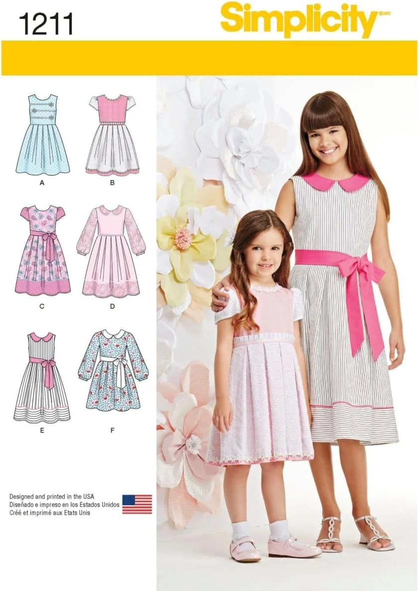 الگوی خیاطی سادگی 1211: لباس دخترانه و بچه گانه در دو قد، سایز، کاغذی، سفید، K5 (7-8-10-12-14)