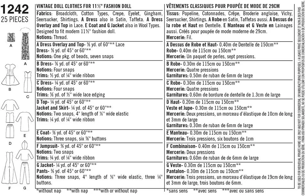 الگوی خیاطی سادگی 1242: لباس های قدیمی برای عروسک 11 1/2 اینچی، سایز Os، کاغذی، سفید، یک عدد