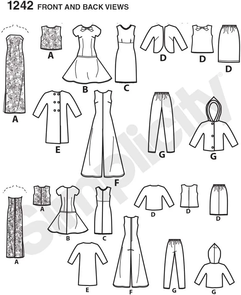 الگوی خیاطی سادگی 1242: لباس های قدیمی برای عروسک 11 1/2 اینچی، سایز Os، کاغذی، سفید، یک عدد