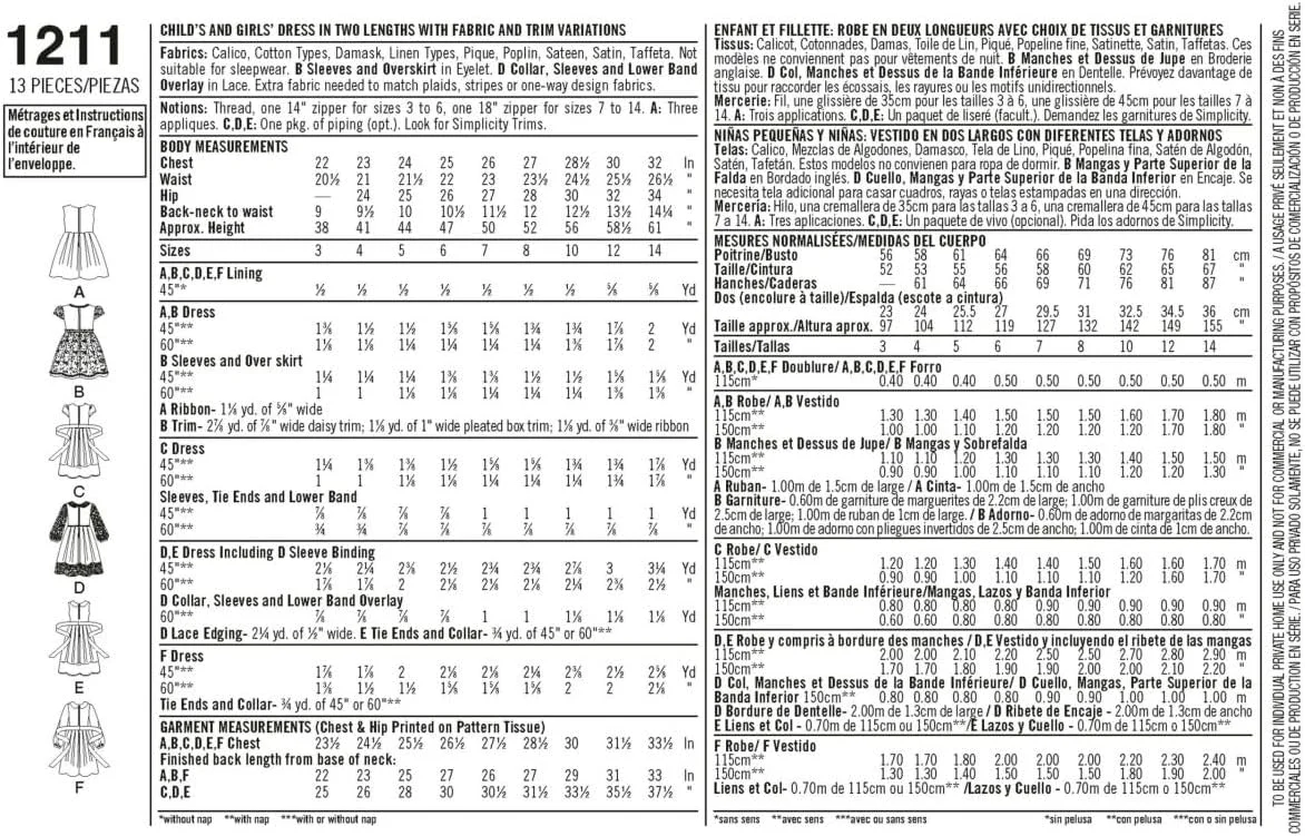 الگوی خیاطی سادگی 1211: لباس دخترانه و بچه گانه در دو قد، سایز، کاغذی، سفید، K5 (7-8-10-12-14)