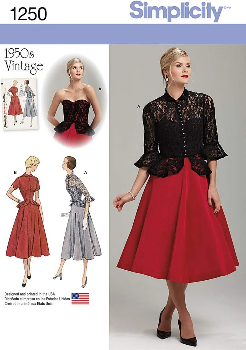 الگوی خیاطی سادگی 1250: لباس و ژاکت یک تکه زنانه وینتیج دهه 1950، سایز R5 (14-16-18-20-22)