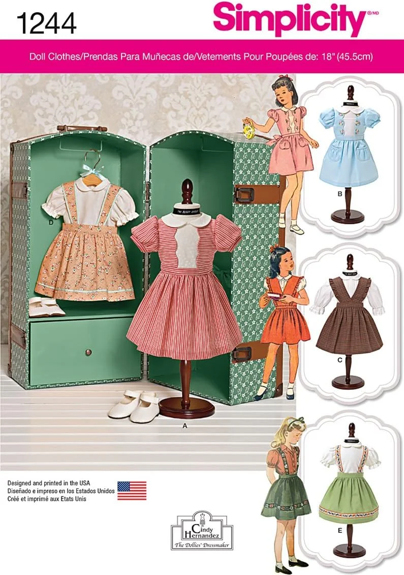 الگوی خیاطی سادگی 1244: لباس عروسک 18 اینچی وینتیج، سایز OS، سفید، یک عدد