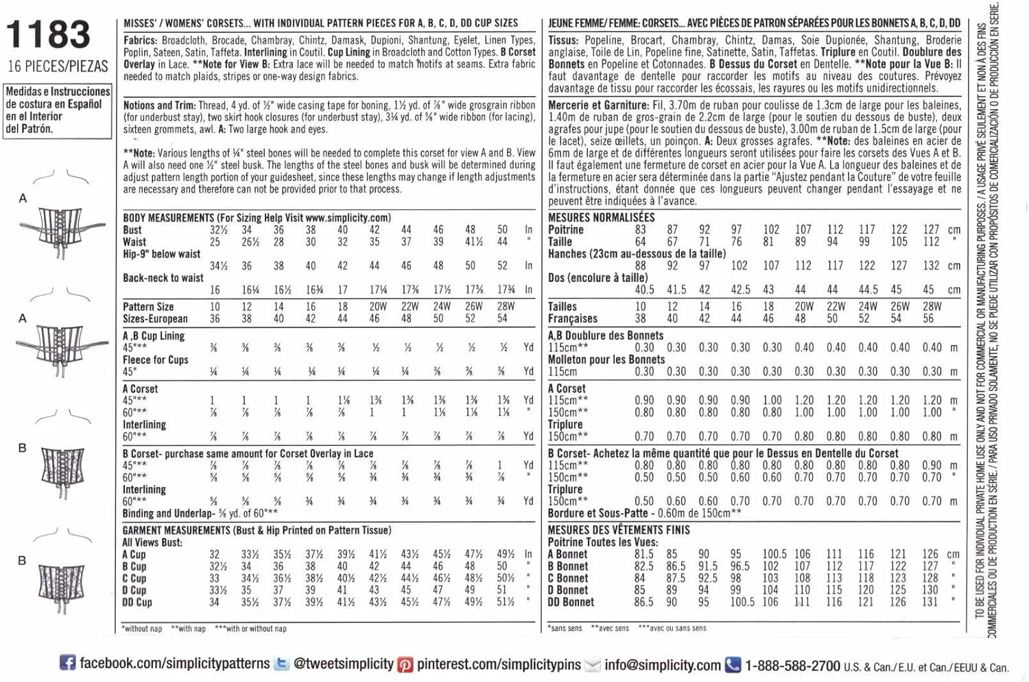 الگوی خیاطی سادگی 1183: کرست زنانه و سایز بزرگ، سایز: AA (10-12-14-16-18)، کاغذی، سفید