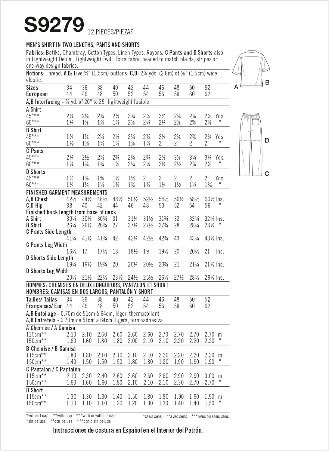 الگوی خیاطی پیراهن مردانه ساده و شلوار یا شورت راسته، کد 9279، سایزهای 44-52، سفید
