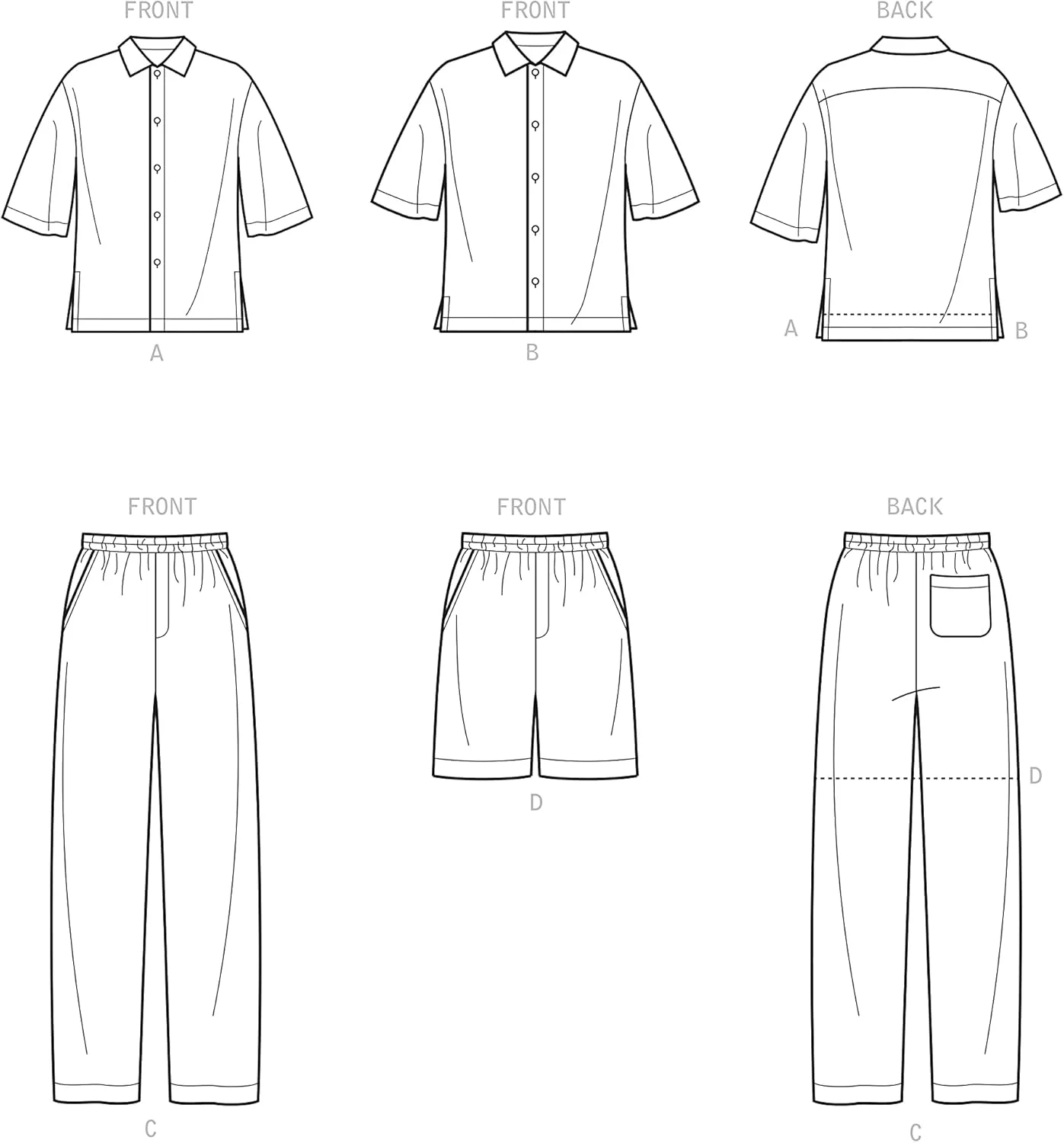 الگوی خیاطی پیراهن مردانه ساده و شلوار یا شورت راسته، کد 9279، سایزهای 44-52، سفید