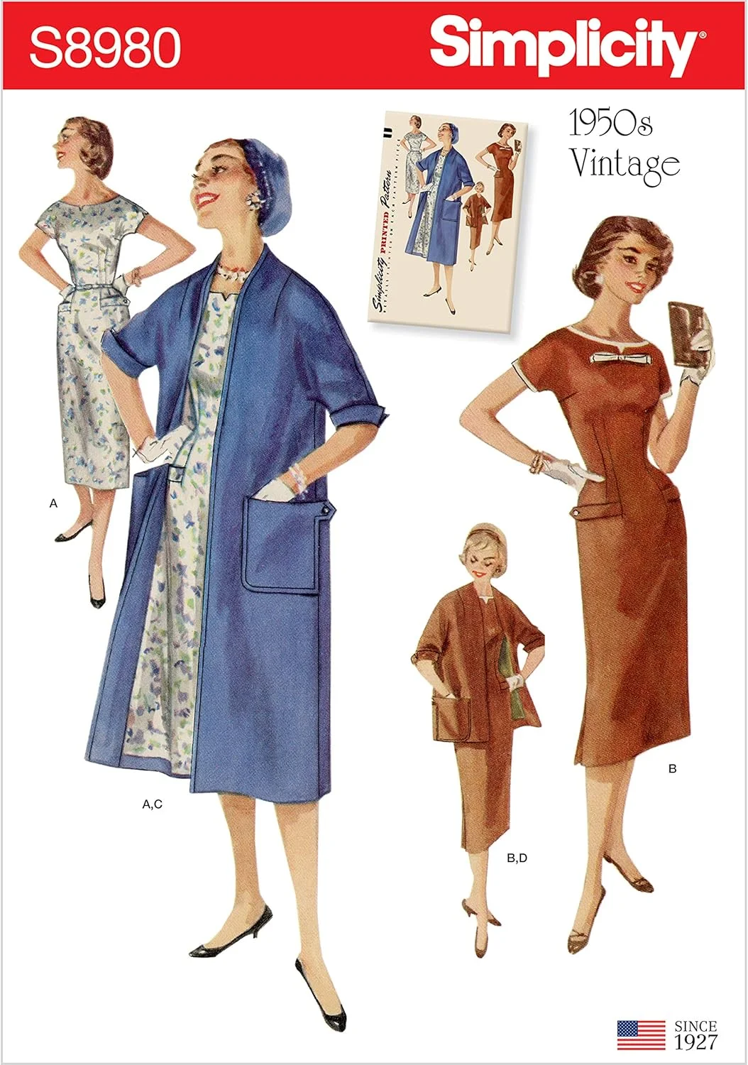 الگوی خیاطی سادگی S8980 لباس‌های زنانه و کت‌های آستردار وینتیج، کاغذی، سفید، متنوع