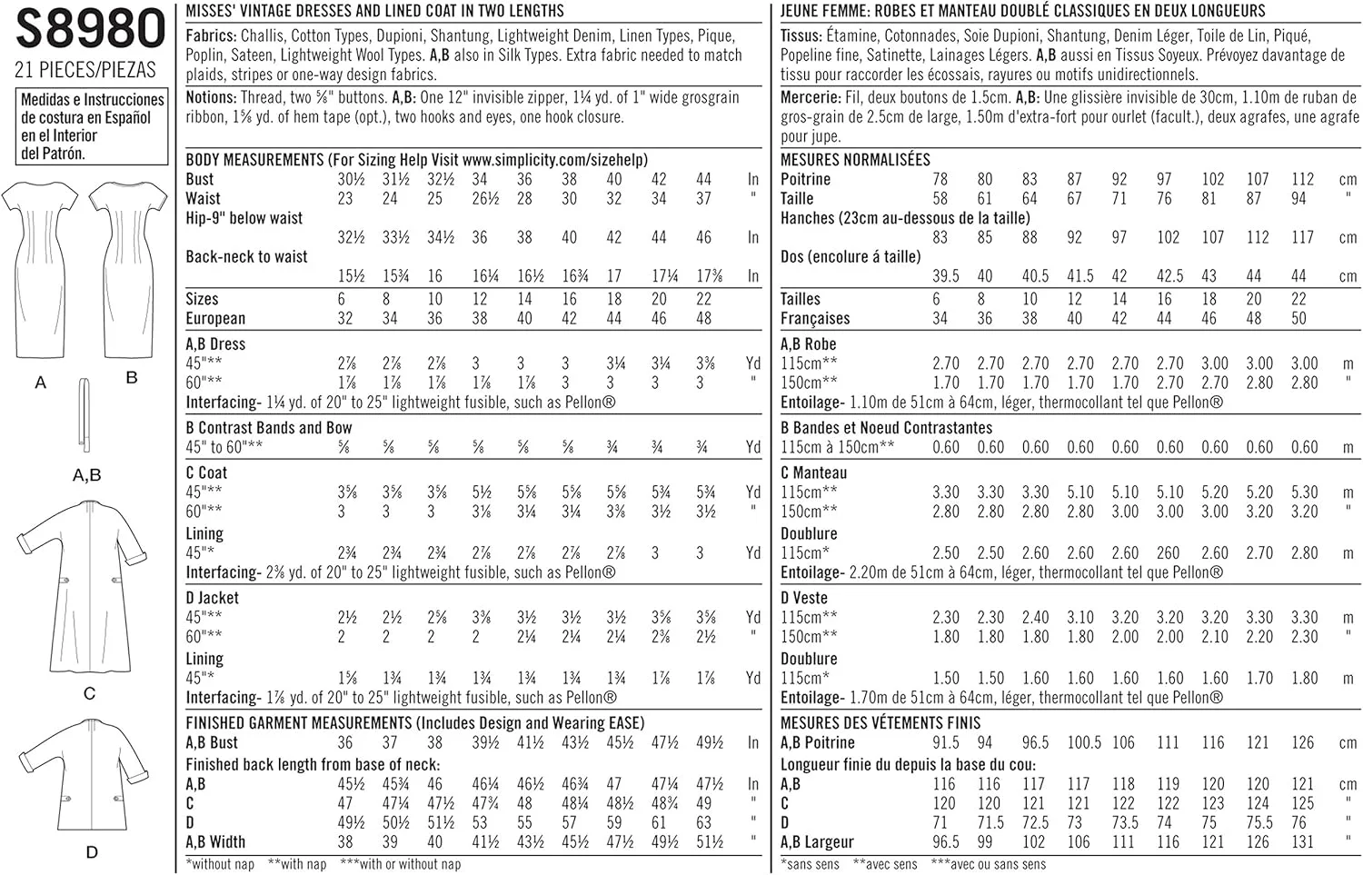 الگوی خیاطی سادگی S8980 لباس‌های زنانه و کت‌های آستردار وینتیج، کاغذی، سفید، متنوع