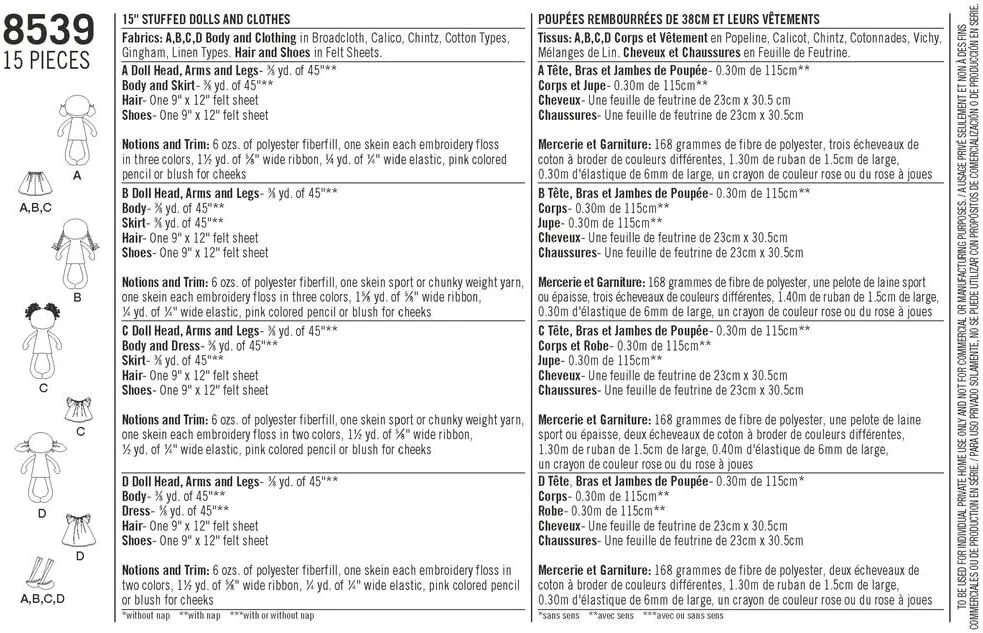 الگوی سادگی 8539 OS (تک سایز) عروسک های پارچه ای 15 اینچی و لباس، کاغذی، سفید، 22 x 15 x 1 سانتی متر