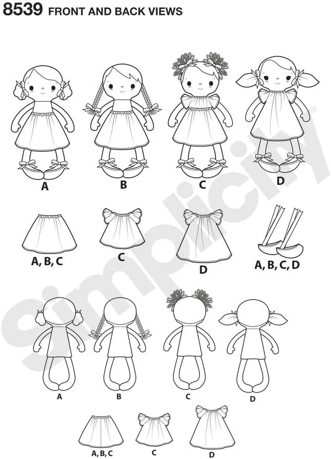 الگوی سادگی 8539 OS (تک سایز) عروسک های پارچه ای 15 اینچی و لباس، کاغذی، سفید، 22 x 15 x 1 سانتی متر