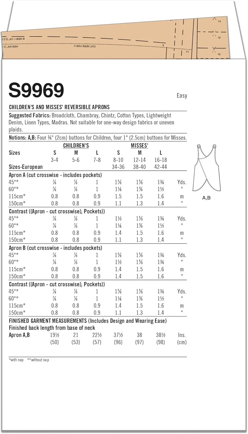 الگوی خیاطی SIMPLICITY SS9969A پیش بندهای دو طرفه برای کودکان و زنان، A (S - L/S - L)