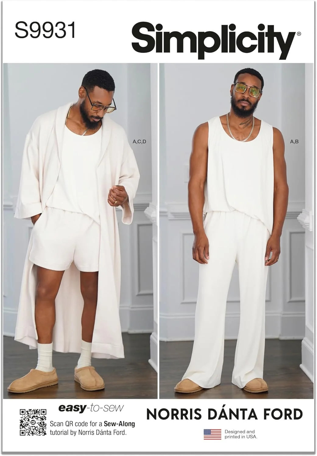 الگوی خیاطی مردانه SIMPLICITY مدل SS9931A شامل روپوش، تاپ بافتنی، شلوار و شلوارک توسط نوریس دانتا فورد سایز A (S-M-L-XL-XXL)