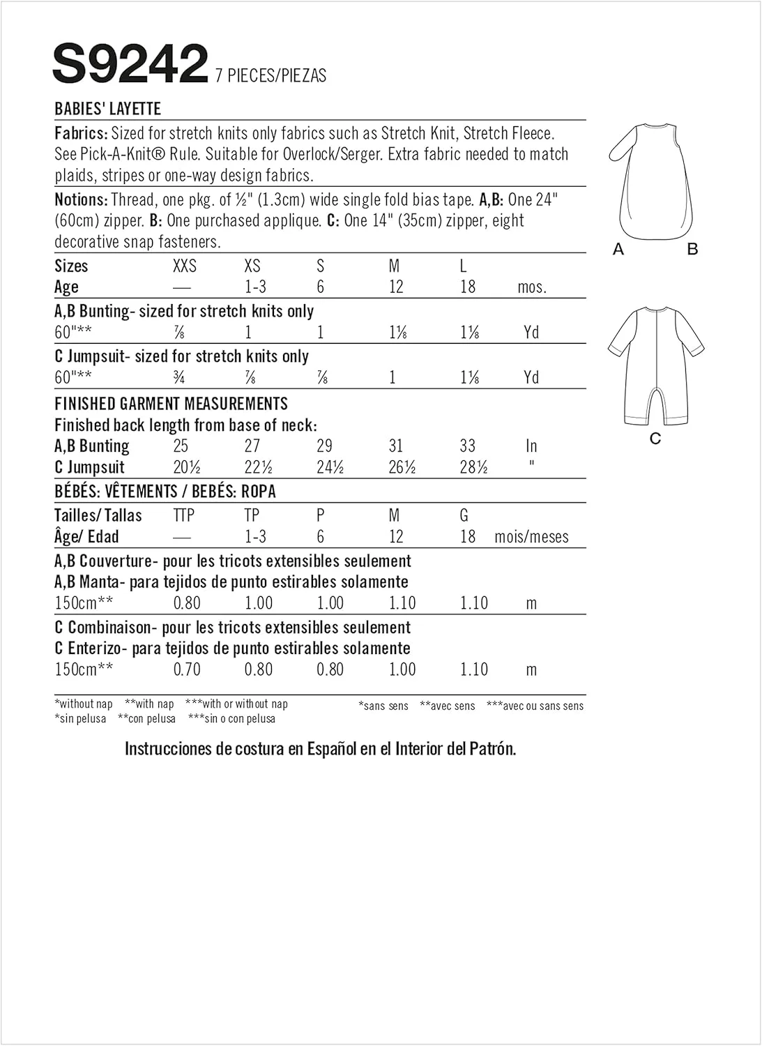 الگوی خیاطی سادگی S9242 لباس نوزاد SS9242A لباس ورزشی نوزاد سایز XXS-XS-S-M-L، سفید