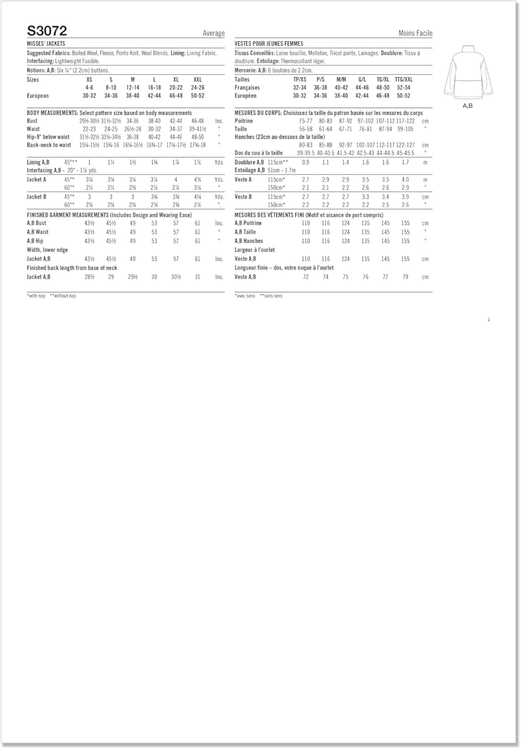 الگوی خیاطی SIMPLICITY مدل SS3072A مخصوص کت زنانه A (XS-S-M-L-XL-XXL)